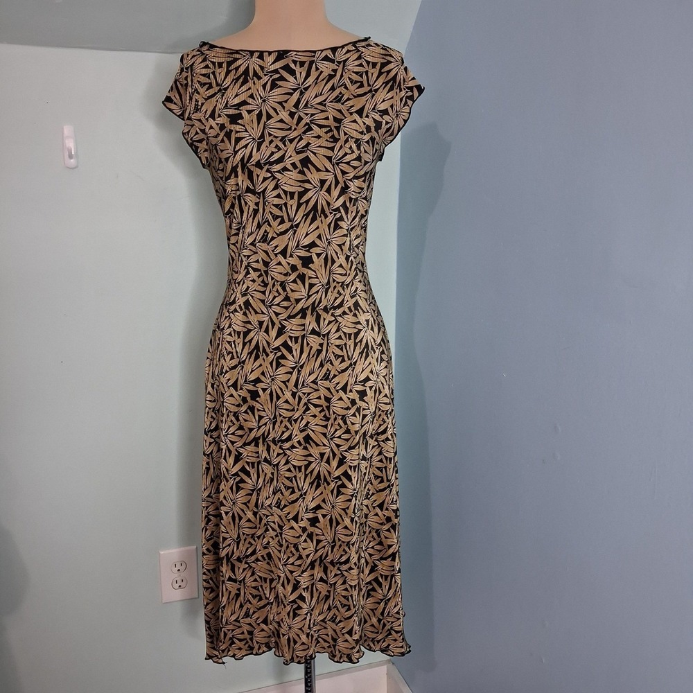 Connected Apparel Vtg 90s y2k 12.5Tan Black Leaf Print Pleated Midi Dress Size 8